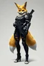 Placeholder: full body image of a realistic anthro furry fox girl with mustard yellow fur in heavy space military armor in ripped leggings and foot paws