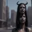 Placeholder: A black-haired tribal woman with demon horns standing on a sidewalk in a cyberpunk city