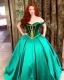 Placeholder: princess with long auburn hair green eyes wearing a big teal green and gold satin ballgown corset off shoulder top casting magic