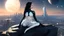 Placeholder: A white woman with black hair, in an android-looking catsuit, sitting on a rock, sideways, with Saturn planet behind her, filling most of the sky, a futuristic city on the horizon, evening sunlight