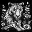 Placeholder: colorless cheetah between seeds and big flowers black background .black and white colors. for a coloring.