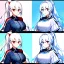 Placeholder: Clear focus, 8k, beautiful lighting, vibrant colors, girl, white hair, long hair, vibrant red eyes, ponytail, same twins, white hair, blue eyes, same clothes,