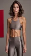 Placeholder: photography of a beautiful anorexic woman, grey satin triathlon top, sports illustrated, brunette short wavy bob haircut, pronounced sternum, flat chest, anthracite short leggins