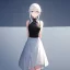 Placeholder: Clear focus,High resolution,High quality, White hair with two braids going down behind her back, red cloack, black sleeveless, white skirt, no socks or shoes on, Blurry background, Snowny background, Frown, Blue eyes