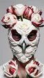 Placeholder: male with owl head made from a lot of beautiful white roses and pale red tulips flowers , white aztek marks on skin, pale colors smooth contrast