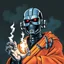 Placeholder: retro anime style, full color, dark serious 1980s anime terminator like robot, moebius artist, magic, watercolor, buddist monk robe, 4 fingers