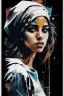 Placeholder: An ultra realistic poster for a young Arabic girl word sign as “street art ”, by Daniel Castan Carne Griffiths Andreas Lie Russ Mills Leonid Afremov, black background
