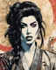 Placeholder: pen and ink portrait of Amy Winehouse as a female samurai ronin illustrated in the manga comic style of Takayuki Yamaguchi, and the comic art style of Bill Sienkiewicz, highly detailed, with sharply defined hair and facial features on an antique marbled paper background in vibrant natural color