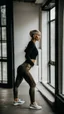 Placeholder: photography of skinny white girl, satin yoga pants, short hair, photographed by nisian hughes, concrete studio, big side windows, fashion photography, bright daylight, raw,