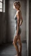 Placeholder: beautiful anorexic woman, total shot, short grey metallic triathlon swimsuit, short blond wavy bob hair, blurred concrete background