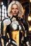 Placeholder: yellow eyes, female paladin aasimar, platinum blonde bob hair, detailed ornamental armor, 8k, high detail,tavern background, facing viewer