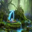 Placeholder: crazy detail, magical forest background, waterfall, blue but cloudy skies,close up of cute winged male poet with lute sleeping peacefully on a mossy rock wearing soft robes and blue gloves,dark stone statue, lively eyes,hidden hands, framed by foliage, shiny eyes, holding up scroll