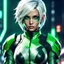 Placeholder: Futuristic Latina white haired soldier, tough beautiful and intense, short hairstyle, green jacket black sportsbra, dark eyeshadow, video game character, anime style