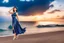 Placeholder: very nice real face beautiful sexy roman with make up at the beach standing pose in a short lace dark blue and silver dress, full body, 3D cloudy sky volumetric nice clouds 8k sharp focus,sunset,golden hour,medium shot