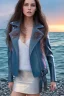 Placeholder: half body shot,realistic portrait of a 20-25 old caucasian model, long blue pink flowing hair, great grey eyes, blue leather jacket,full body, short white skirt,long legs,standing at beach of very nive lake with sunset ,clouds,godrayes