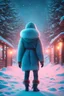 Placeholder: an eskimo walks outside, we see her back, neon lights, winter, snow, fantasy world, 4k