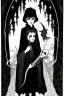 Placeholder: 7 year old boy, necromancer, friendly, looks dead,with a long lamprey emerging from his belly , wearing black robes, in the style of Harry Clarke