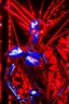 Placeholder: A humanoid being made entirely of sharpened metal blades and spikes with glowing red eyes stands before a mechanical tree. Photograph.