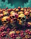 Placeholder: a field of skulls growing from the ground like fungus, multi colored, bright, vivid, psychedelic high detailed, matte, bunches and bubbled up clumps, horrorcore, vines
