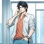 Placeholder: A confident handsome man with messy black hair and blue eyes, wearing casual, modern attire, colored manga style, intricately detailed,