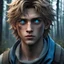 Placeholder: A 19 year old male survivor in an apocalypse. He has messy dark blond hair. He is the protagonist. He is in a forest. He has celestial blue eyes. He gazes down at you, looming above you.