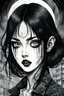 Placeholder: create a horror manga illustration of a dark haired, savage, ancient vampire girl with highly detailed , sharply defined feminine facial features, in a chaotic, turbulent, otherworldly London in the manga style of Junji Ito, precisely drawn, inked, with dramatic edges,