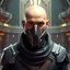 Placeholder: bald male corellian jedi wearing gunmetal grey and black old republic armored flightsuit and breath mask with gold and metallic red trim inside the jedi temple, centered head and shoulders portrait, hyperdetailed, dynamic lighting, hyperdetailed background, 8k resolution, volumetric lighting, light skin, fully symmetric details