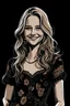 Placeholder: A girl in her late twenties, with slightly sharp features, long blond hair and hazel eyes with a happy smirk, wearing a Chanel dress, with a rustic look, sketch, on a black background