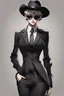 Placeholder: manga, anime, drawing, art, cartoon, perfect body, perfect hands, perfect face, perfect eyes, perfect arms, perfect cowboy hat, mafia woman, female mafia,, short hair pixie cut shaved side, black suit and tie, sunglasses, badass, cool, attractive