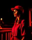 Placeholder: woman with a red baseball hat. leaning on a wooden balcony. night time. fantasy. medieval.