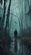 Placeholder: A swamp surrounded by bamboos long trees in cloudy, depressing, foggy, with a dim of light in the distance , on the side an abandoned old house covered with leaves. A back view close look at very tall skinny man in black turn his head to you with open eyes and mouth