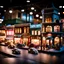 Placeholder: Close-up photograph of a diorama building, city, store, advertising, land-of-toys with detailed vintage toys made of cake-frosting and felt, strong texture, extreme detailed, movie shot, rich moody colors, sparkles, night, nightmare