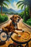 Placeholder: oil painting with a dog biking with a pizza hawaii