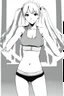 Placeholder: slim girl in bikini with blonde hair and two pigtails, manga style, cool pose, greyscale