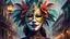 Placeholder: Generate an illustration of a festive carnival venetian antique mask over a low poly vibrant female, ultra detailed 32k , the joyful atmosphere over a misty Venice landmark, steampunk , dark oil antique painting, dark mood, nigh time