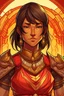 Placeholder: an anime drawing of a 40 year old thai woman. she looks middle aged. and has a stern look on her face. round face. dark tan skin, toned and muscular. short in height. dark brown hair in a bob cut. she is wearing an armour over a beautiful thai gown. she has a sun themeing. and the color scheme is red and yellow. she is holding a shield and a sword