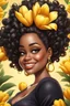 Placeholder: Create a airbrush cartoon art style image of a curvy black female looking down with a smile on her face. Prominent makeup with hazel eyes. Highly detailed messy curly bun with a hair scarf on her head with large yellow tulip flowers surrounding her. 2k
