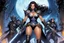 Placeholder: (in the style of Orion, by Masamune Shirow) skinny Ashley Graham, the Necromancer Queen emerges, her twin swords gleaming with dark power. Undead minions heed her command, twisted by her malevolent magic into grotesque servitude. Flanked by monstrous warriors, one decay-shrouded and the other a formidable mass of muscle, she nears the heart of the battlefield as a storm of dread brews above, echoing nature's