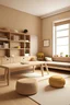 Placeholder: Minimalist playroom and study room for kids with study tables and couch with brown and cream background