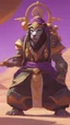 Placeholder: A close picture to Ramattra nemesis form as tank with Arab clothes in overwatch art style with black color and neon purple details in Desert