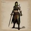 Placeholder: ConceptSheet [by Guy Borremans]: woman half-orc assassin and her dagger with AD&D statistics