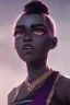 Placeholder: arcane tv show style, league of legends, solo, 1girl, attractive teenager, african, dark skin, dark-brown eyes, black hair, pair buns, violet strands of forehead bangs, necklace, earrings, modern makeup, (detailed skin texture), white oversize shirt