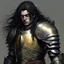 Placeholder: human british brute, dnd character fantasy paladin knight, weathered plate armour, guilded effects, long black hair, gloomy expression, masculine facial features, pale perfect face, yellow eyes, serious moody eyes, drawn full portrait in the style of Nobuyoshi Araki