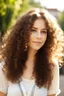 Placeholder: Attractive woman, long curly hair, sunny, baby,