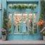 Placeholder: A fashion store in delicate light blue with green decorations, a large window pane with dresses in all bright colors. In front of the store on each side there is a large plant with bright, colorful flowers!No People