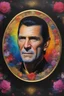 Placeholder: Count Dracula's face inside a small gold circle, Leonard Nimoy/Henry Cavill, multicolored, large, Floral/rainbow designs, atmospheric, beautiful, bright, vibrant colors, pitch-black background, oil painting by Boris Vallejo, 4k UHD, Photorealistic, professional quality