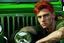 Placeholder: Young male with red hair and green eyes sitting in a jeep close up photo realistic