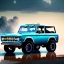 Placeholder: redshift style, photorealistic shot, Ford Bronco, cool color palette, vivid, sharp focus, puddle reflection, refraction, mist on the horizon, overcast, detailed and intricate, intense cinematic composition