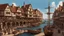 Placeholder: gothic medieval wooden harbour with piers and ships, people, shops, bridges, arches, balconies, taverns, blue sky