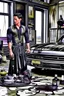 Placeholder: "prompt": "A dark, moody, surreal scene of a rugged auto mechanic at a decadent high tea. Instead of workwear, he now wears a flowing, high-fashion silk gown — glossy black with crimson undertones, draped dramatically yet smeared with streaks of oil and dust. BALL gown clings to his BUFF muscular frame while long folds cascade onto the cracked marble floor. He sits at a grand, candlelit tea table covered in black velvet, where tarnished silver trays hold eerie pastries, shattered porcelain cups
